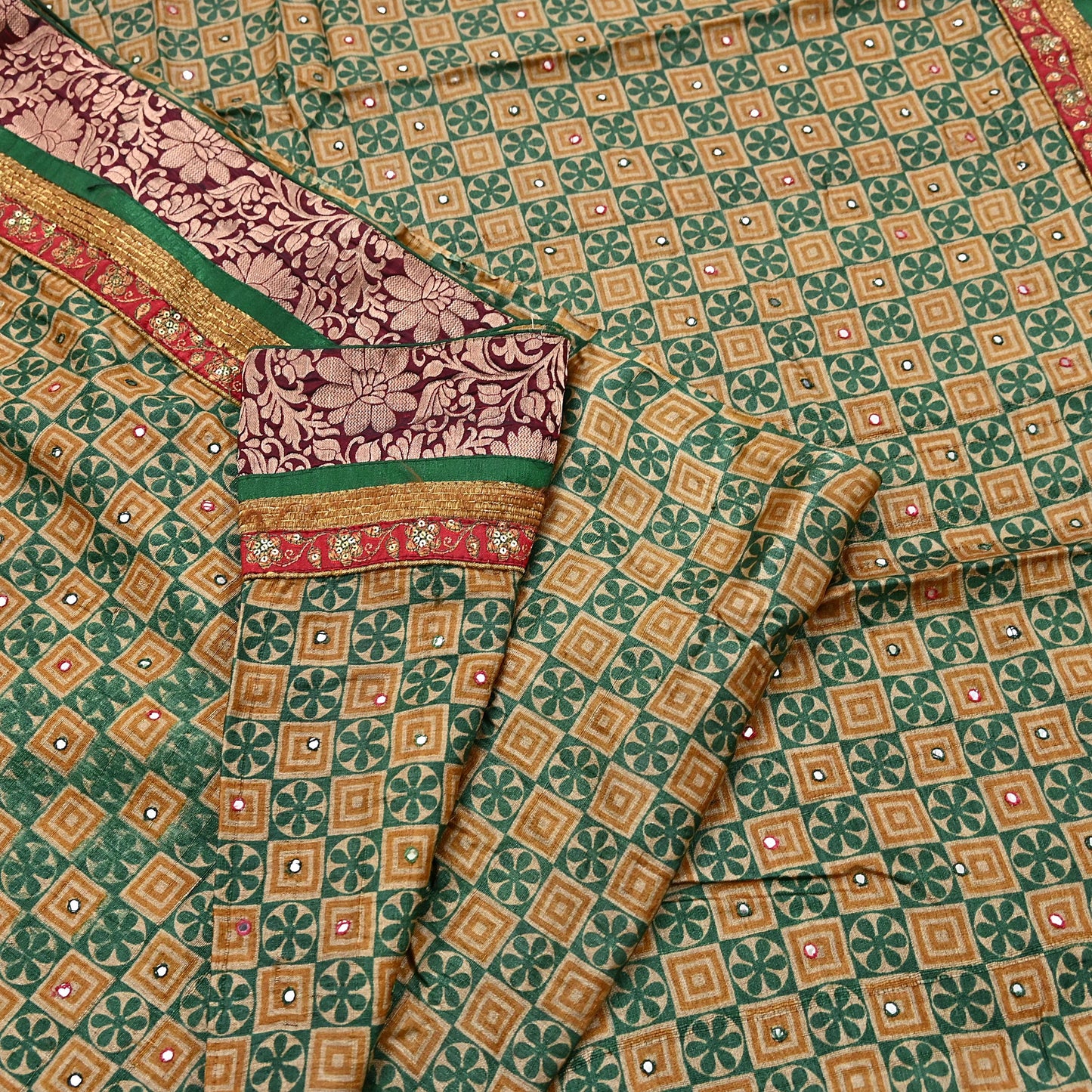 Indian Vintage Saree Beige & Green Pure Khadi Silk Handloom Hand Beaded Sari Fabric 5yard Ethnic Zari Dressmaking Crafting Upcycle Quilting