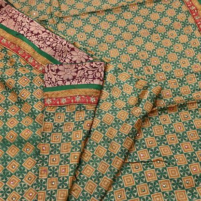 Indian Vintage Saree Beige & Green Pure Khadi Silk Handloom Hand Beaded Sari Fabric 5yard Ethnic Zari Dressmaking Crafting Upcycle Quilting