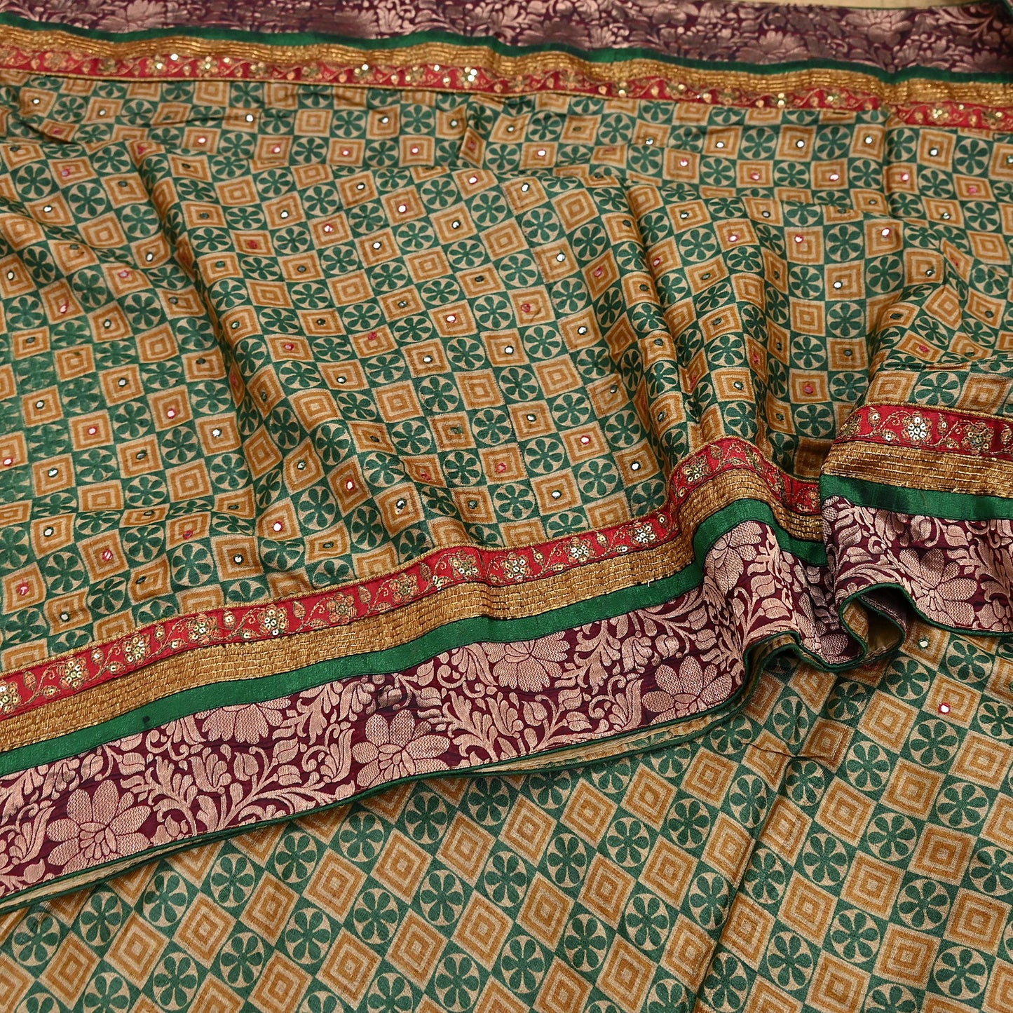 Indian Vintage Saree Beige & Green Pure Khadi Silk Handloom Hand Beaded Sari Fabric 5yard Ethnic Zari Dressmaking Crafting Upcycle Quilting