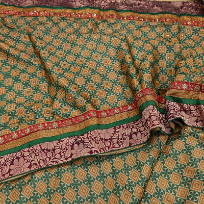 Indian Vintage Saree Beige & Green Pure Khadi Silk Handloom Hand Beaded Sari Fabric 5yard Ethnic Zari Dressmaking Crafting Upcycle Quilting