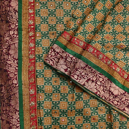 Indian Vintage Saree Beige & Green Pure Khadi Silk Handloom Hand Beaded Sari Fabric 5yard Ethnic Zari Dressmaking Crafting Upcycle Quilting