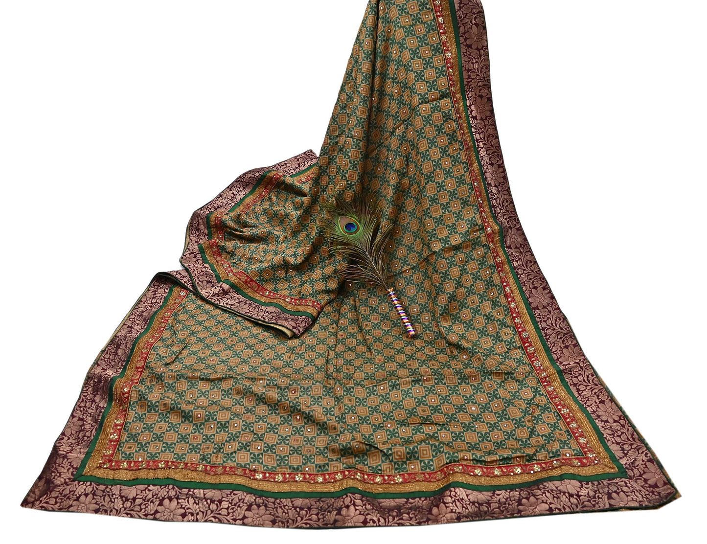 Indian Vintage Saree Beige & Green Pure Khadi Silk Handloom Hand Beaded Sari Fabric 5yard Ethnic Zari Dressmaking Crafting Upcycle Quilting