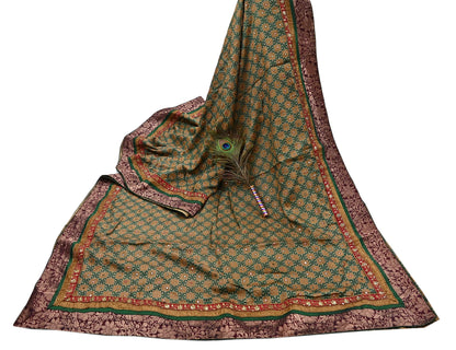 Indian Vintage Saree Beige & Green Pure Khadi Silk Handloom Hand Beaded Sari Fabric 5yard Ethnic Zari Dressmaking Crafting Upcycle Quilting
