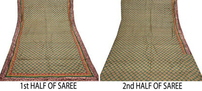 Indian Vintage Saree Beige & Green Pure Khadi Silk Handloom Hand Beaded Sari Fabric 5yard Ethnic Zari Dressmaking Crafting Upcycle Quilting