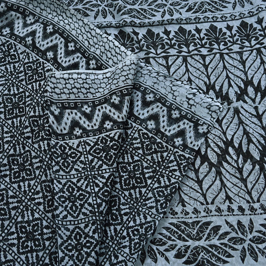 Indian Vintage Black & Gray Saree Printed Pure Cotton Indian Sari Craft Fabric 5Yd Sewing Soft Sarong Wrap Boho Floral Quilting Crafting