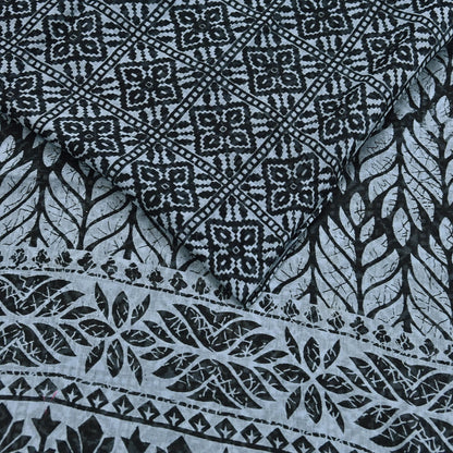 Indian Vintage Black & Gray Saree Printed Pure Cotton Indian Sari Craft Fabric 5Yd Sewing Soft Sarong Wrap Boho Floral Quilting Crafting