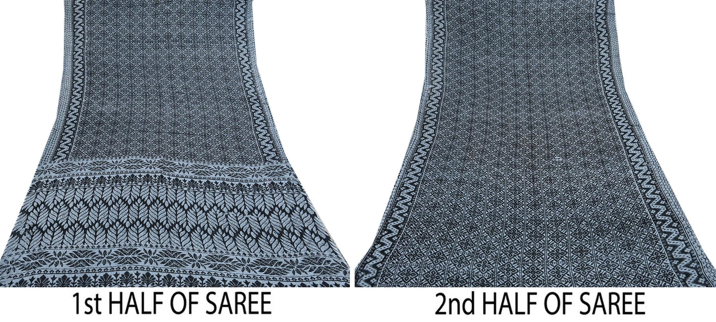 Indian Vintage Black & Gray Saree Printed Pure Cotton Indian Sari Craft Fabric 5Yd Sewing Soft Sarong Wrap Boho Floral Quilting Crafting