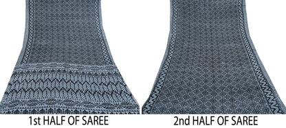 Indian Vintage Black & Gray Saree Printed Pure Cotton Indian Sari Craft Fabric 5Yd Sewing Soft Sarong Wrap Boho Floral Quilting Crafting