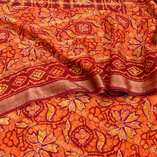 Indian Vintage Sari Red & Orange Batik Printed Pure Cotton Saree Craft Fabric 5Yd Sewing Soft Sarong Wrap Boho Dress Making Quilting