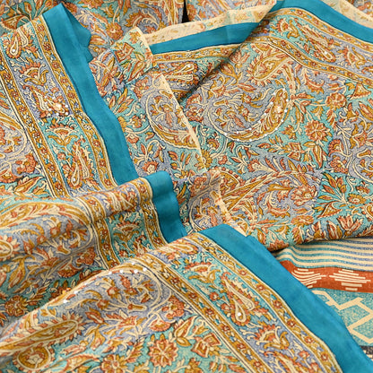 Indian Vintage Sari Beige & Green Pure Crepe Silk Printed Saree 5yard Sewing Quilting Floral Soft Craft Fabric Wrap
