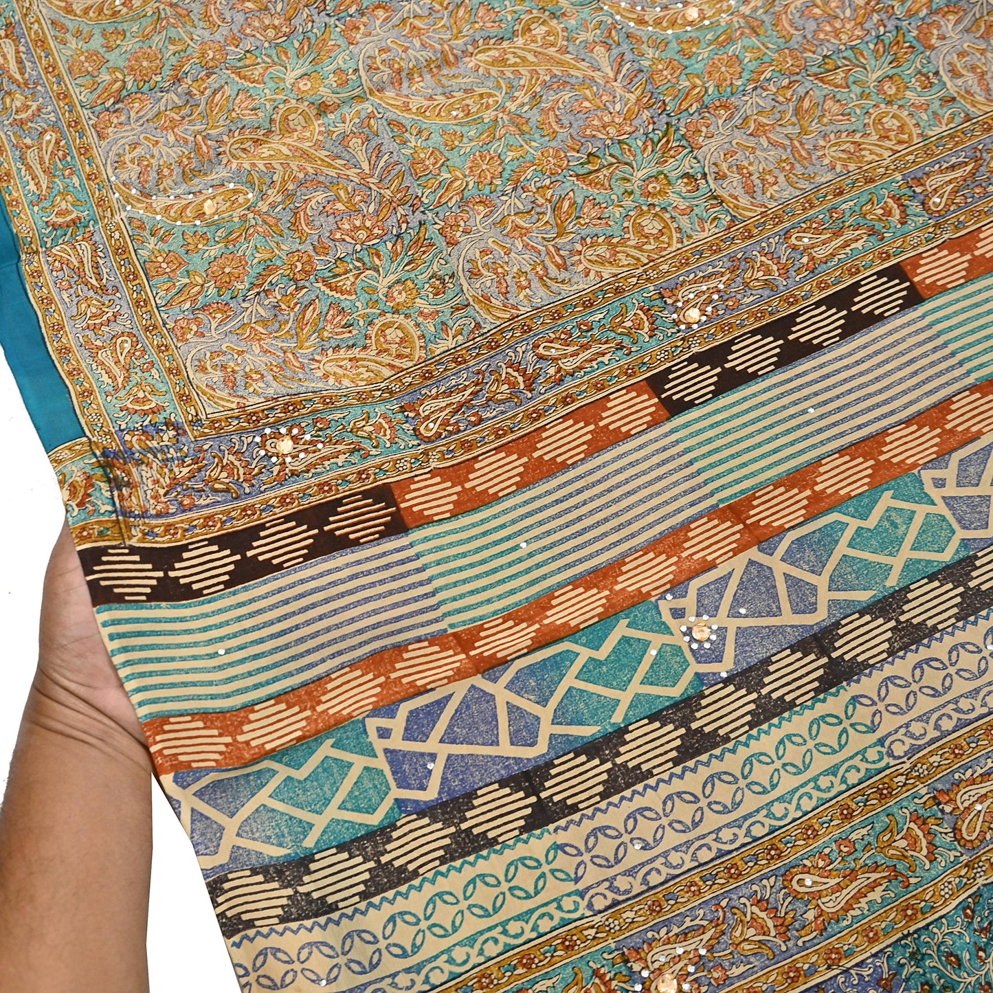 Indian Vintage Sari Beige & Green Pure Crepe Silk Printed Saree 5yard Sewing Quilting Floral Soft Craft Fabric Wrap