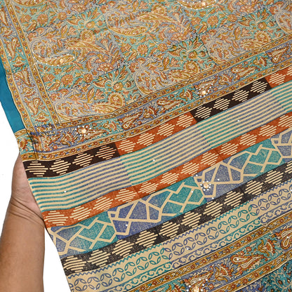 Indian Vintage Sari Beige & Green Pure Crepe Silk Printed Saree 5yard Sewing Quilting Floral Soft Craft Fabric Wrap