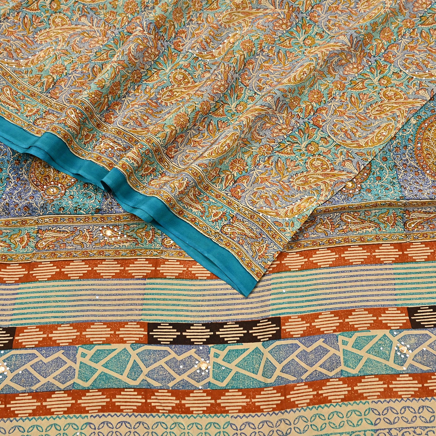 Indian Vintage Sari Beige & Green Pure Crepe Silk Printed Saree 5yard Sewing Quilting Floral Soft Craft Fabric Wrap