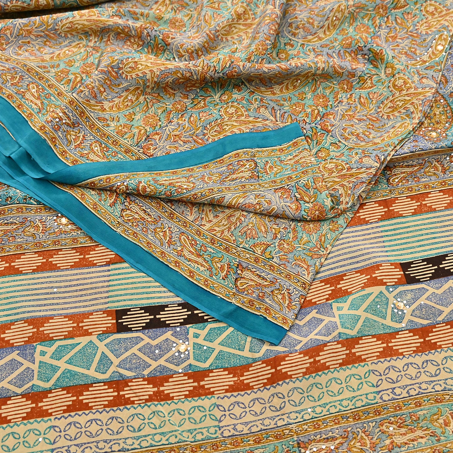 Indian Vintage Sari Beige & Green Pure Crepe Silk Printed Saree 5yard Sewing Quilting Floral Soft Craft Fabric Wrap