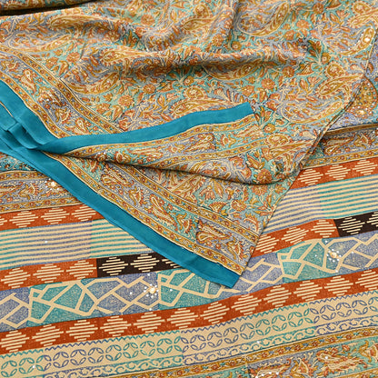 Indian Vintage Sari Beige & Green Pure Crepe Silk Printed Saree 5yard Sewing Quilting Floral Soft Craft Fabric Wrap