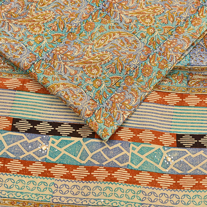 Indian Vintage Sari Beige & Green Pure Crepe Silk Printed Saree 5yard Sewing Quilting Floral Soft Craft Fabric Wrap