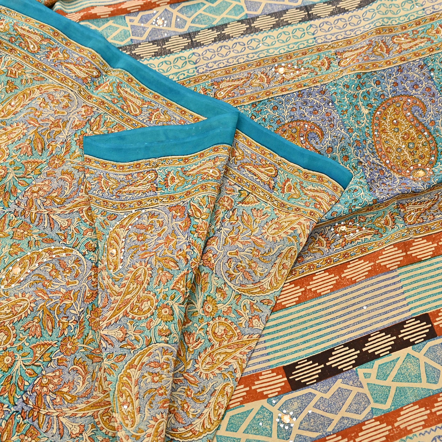 Indian Vintage Sari Beige & Green Pure Crepe Silk Printed Saree 5yard Sewing Quilting Floral Soft Craft Fabric Wrap