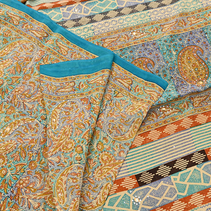 Indian Vintage Sari Beige & Green Pure Crepe Silk Printed Saree 5yard Sewing Quilting Floral Soft Craft Fabric Wrap