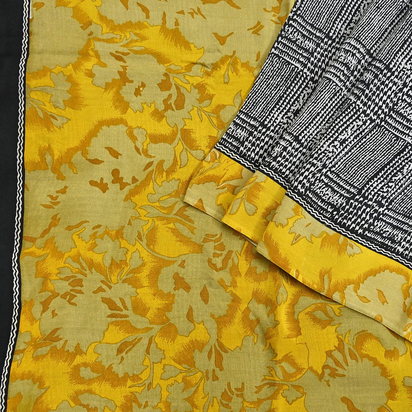 Indian Vintage Gray & Black Saree Pure Crepe Silk Printed Sari Craft Fabric 5yd Sewing Soft Wrap Dress making Crafting Quilting