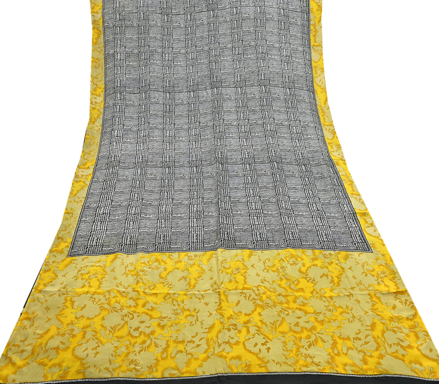 Indian Vintage Gray & Black Saree Pure Crepe Silk Printed Sari Craft Fabric 5yd Sewing Soft Wrap Dress making Crafting Quilting