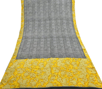 Indian Vintage Gray & Black Saree Pure Crepe Silk Printed Sari Craft Fabric 5yd Sewing Soft Wrap Dress making Crafting Quilting