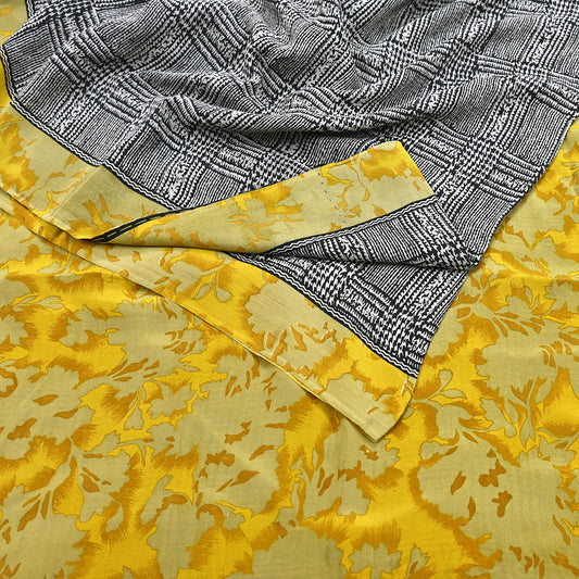 Indian Vintage Gray & Black Saree Pure Crepe Silk Printed Sari Craft Fabric 5yd Sewing Soft Wrap Dress making Crafting Quilting