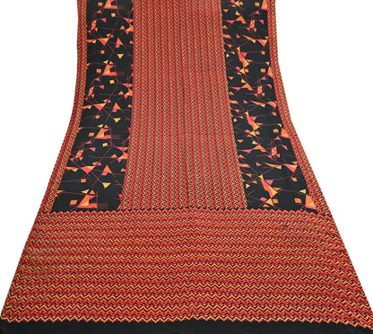 Indian Vintage Sari Black & Red Pure Crepe Silk Block Printed Sarees 5yd Sewing Floral Soft Craft Fabric Wrap Dress making Crafting Quilting