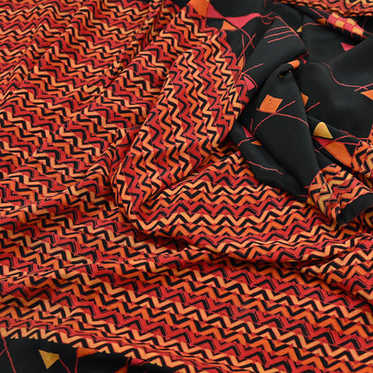 Indian Vintage Sari Black & Red Pure Crepe Silk Block Printed Sarees 5yd Sewing Floral Soft Craft Fabric Wrap Dress making Crafting Quilting