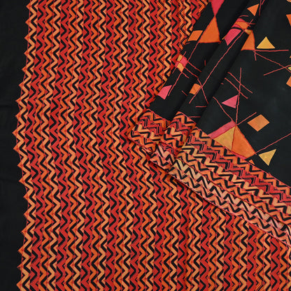 Indian Vintage Sari Black & Red Pure Crepe Silk Block Printed Sarees 5yd Sewing Floral Soft Craft Fabric Wrap Dress making Crafting Quilting