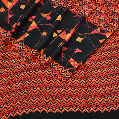 Indian Vintage Sari Black & Red Pure Crepe Silk Block Printed Sarees 5yd Sewing Floral Soft Craft Fabric Wrap Dress making Crafting Quilting