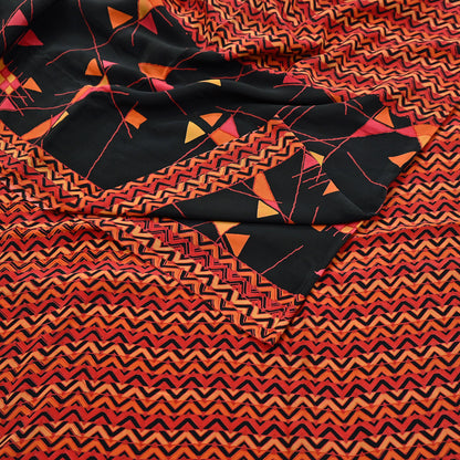 Indian Vintage Sari Black & Red Pure Crepe Silk Block Printed Sarees 5yd Sewing Floral Soft Craft Fabric Wrap Dress making Crafting Quilting