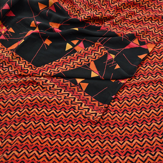 Indian Vintage Sari Black & Red Pure Crepe Silk Block Printed Sarees 5yd Sewing Floral Soft Craft Fabric Wrap Dress making Crafting Quilting