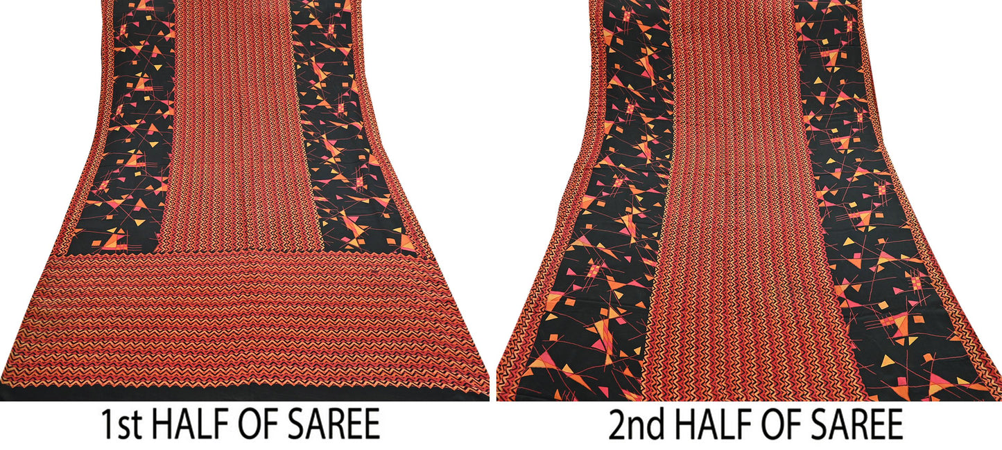 Indian Vintage Sari Black & Red Pure Crepe Silk Block Printed Sarees 5yd Sewing Floral Soft Craft Fabric Wrap Dress making Crafting Quilting