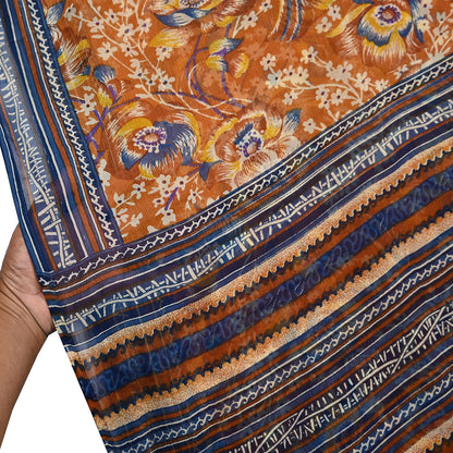 Indian Vintage Sari Saffron Pure Chiffon Silk Printed Sarees Craft Fabric Sewing 5Yd Soft Light Sari Dress Making Quilting Upcycle Crfating