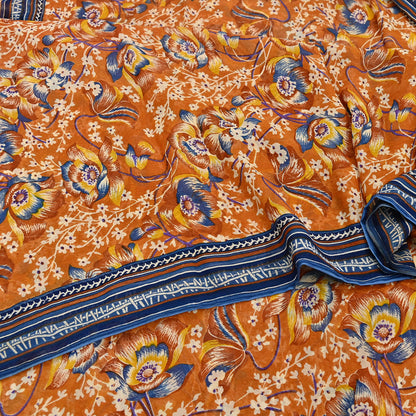 Indian Vintage Sari Saffron Pure Chiffon Silk Printed Sarees Craft Fabric Sewing 5Yd Soft Light Sari Dress Making Quilting Upcycle Crfating