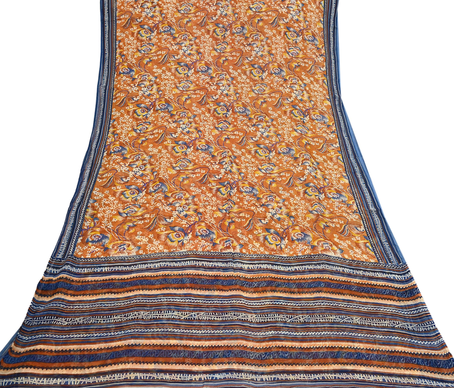 Indian Vintage Sari Saffron Pure Chiffon Silk Printed Sarees Craft Fabric Sewing 5Yd Soft Light Sari Dress Making Quilting Upcycle Crfating