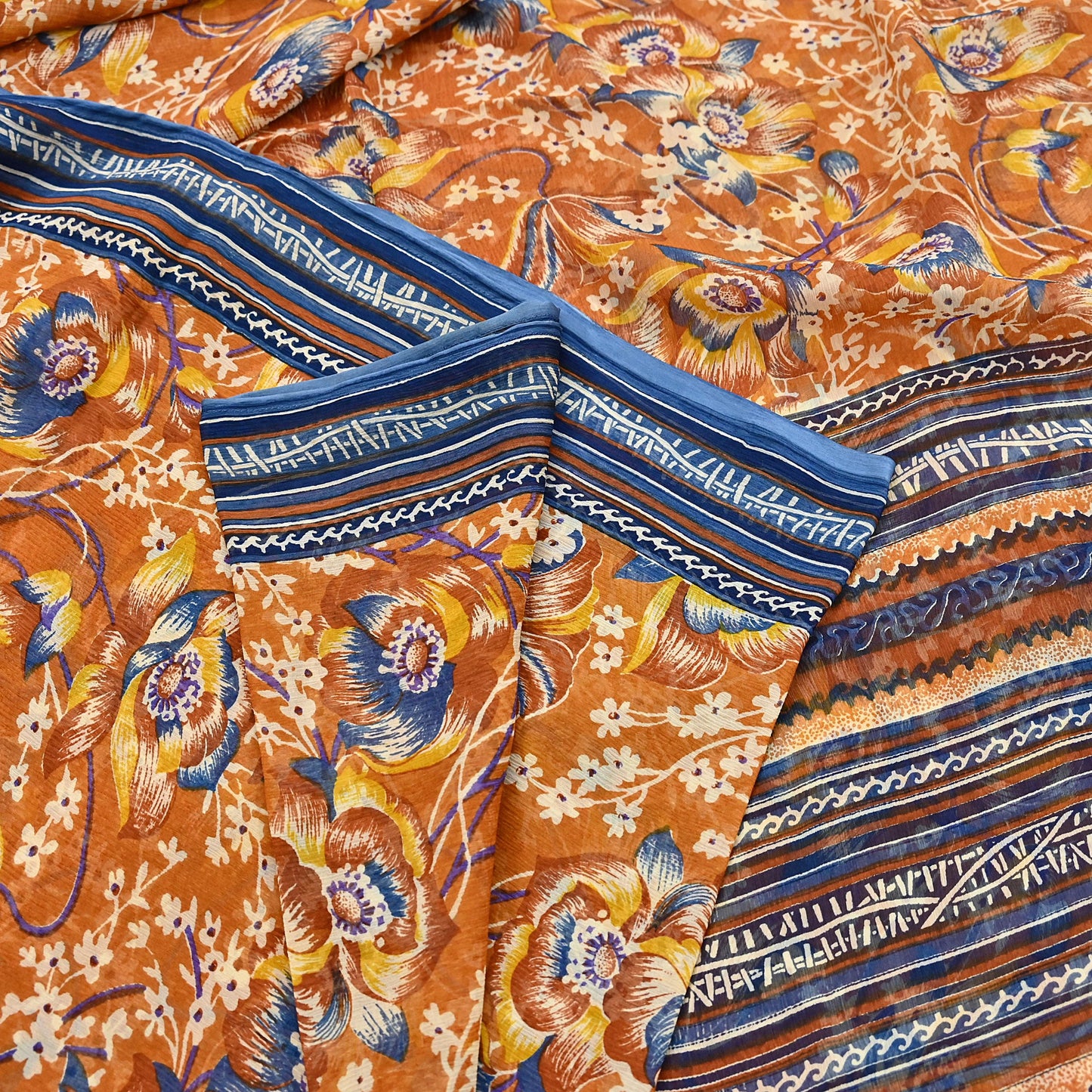 Indian Vintage Sari Saffron Pure Chiffon Silk Printed Sarees Craft Fabric Sewing 5Yd Soft Light Sari Dress Making Quilting Upcycle Crfating