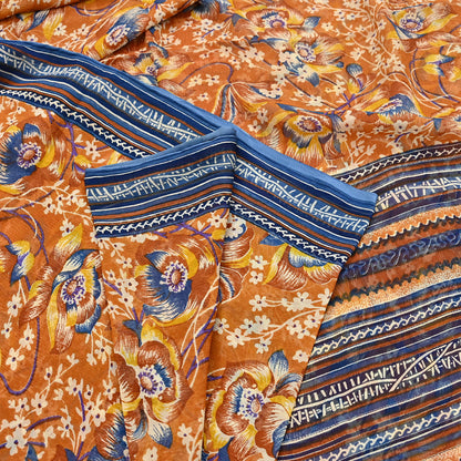 Indian Vintage Sari Saffron Pure Chiffon Silk Printed Sarees Craft Fabric Sewing 5Yd Soft Light Sari Dress Making Quilting Upcycle Crfating