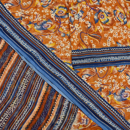 Indian Vintage Sari Saffron Pure Chiffon Silk Printed Sarees Craft Fabric Sewing 5Yd Soft Light Sari Dress Making Quilting Upcycle Crfating