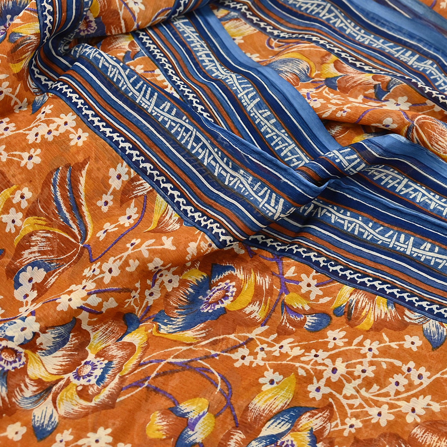Indian Vintage Sari Saffron Pure Chiffon Silk Printed Sarees Craft Fabric Sewing 5Yd Soft Light Sari Dress Making Quilting Upcycle Crfating