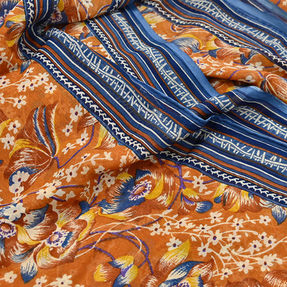 Indian Vintage Sari Saffron Pure Chiffon Silk Printed Sarees Craft Fabric Sewing 5Yd Soft Light Sari Dress Making Quilting Upcycle Crfating