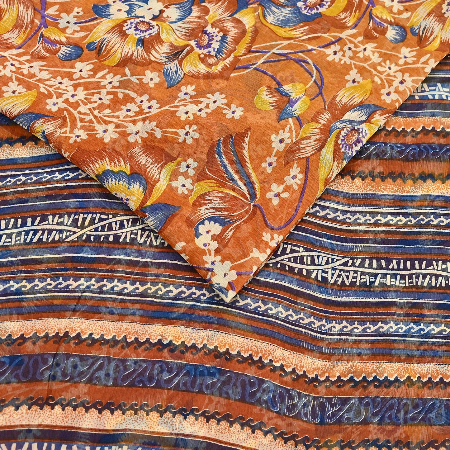 Indian Vintage Sari Saffron Pure Chiffon Silk Printed Sarees Craft Fabric Sewing 5Yd Soft Light Sari Dress Making Quilting Upcycle Crfating