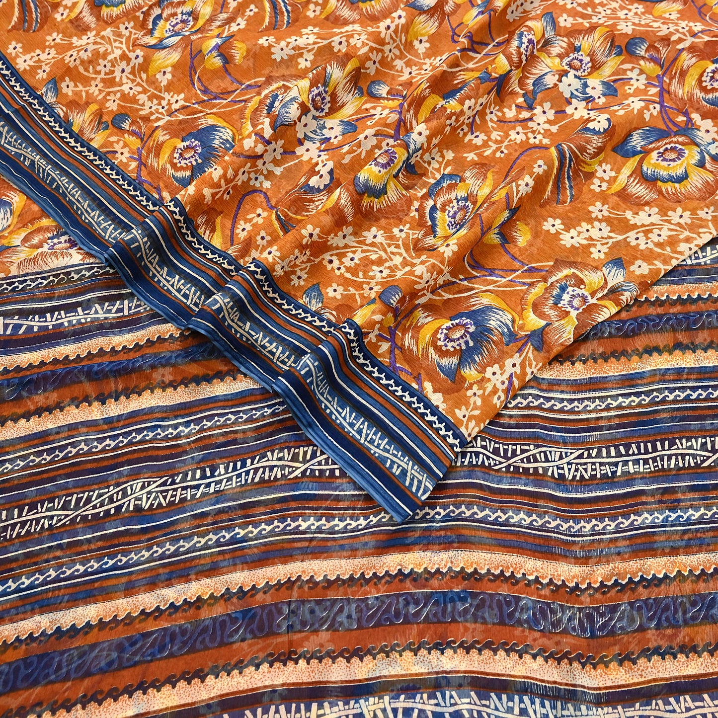 Indian Vintage Sari Saffron Pure Chiffon Silk Printed Sarees Craft Fabric Sewing 5Yd Soft Light Sari Dress Making Quilting Upcycle Crfating