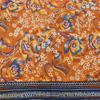 Indian Vintage Sari Saffron Pure Chiffon Silk Printed Sarees Craft Fabric Sewing 5Yd Soft Light Sari Dress Making Quilting Upcycle Crfating