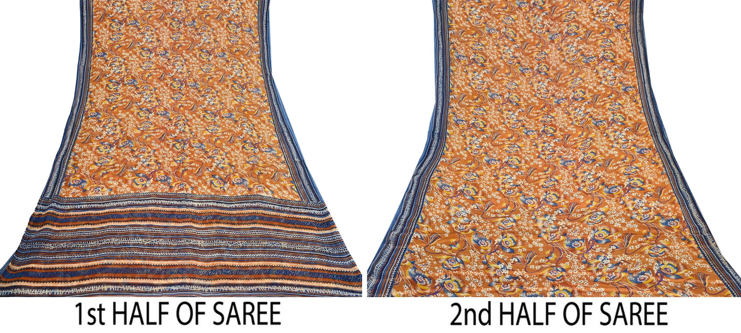Indian Vintage Sari Saffron Pure Chiffon Silk Printed Sarees Craft Fabric Sewing 5Yd Soft Light Sari Dress Making Quilting Upcycle Crfating