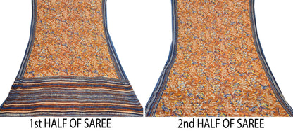 Indian Vintage Sari Saffron Pure Chiffon Silk Printed Sarees Craft Fabric Sewing 5Yd Soft Light Sari Dress Making Quilting Upcycle Crfating