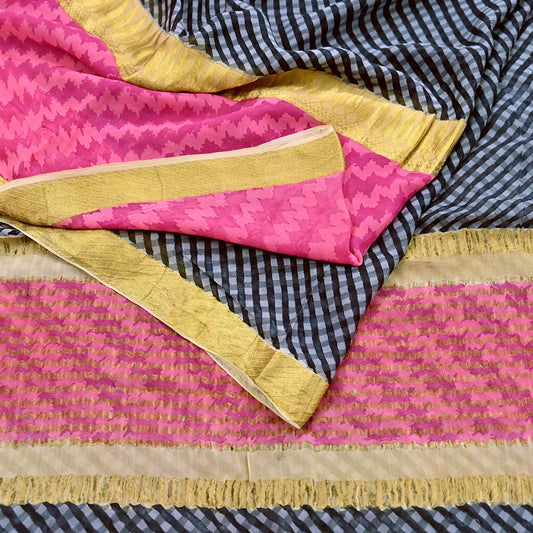 Indian Vintage Sari Black & Pink 100% Pure Georgette Silk Printed Sarees Sewing 5yd Craft Soft Dress Designing for Crafting Zari Border