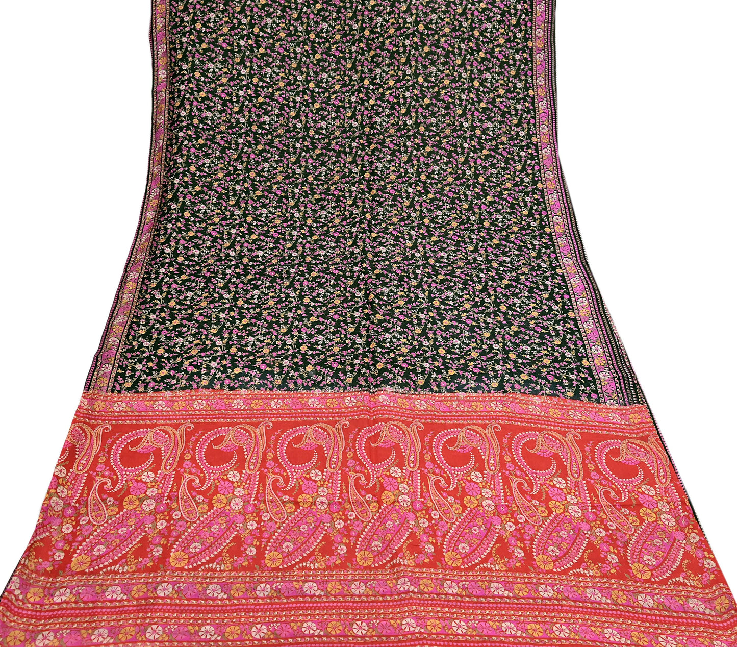 Indian Vintage Red & Black Pure Silk Printed Saree 5 Yards Soft Floral Fabric for Dressmaking, Quilting, Crafting, Sewing, Dress Making