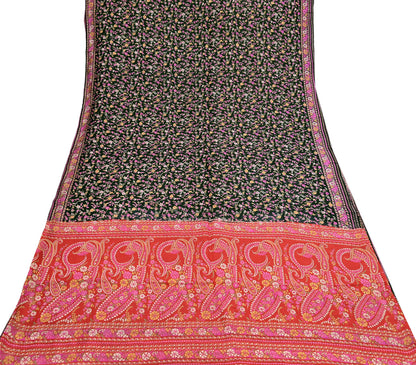 Indian Vintage Red & Black Pure Silk Printed Saree 5 Yards Soft Floral Fabric for Dressmaking, Quilting, Crafting, Sewing, Dress Making