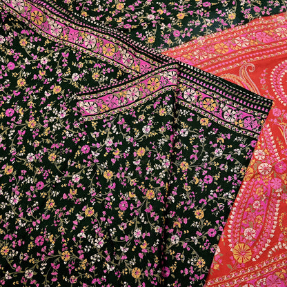 Indian Vintage Red & Black Pure Silk Printed Saree 5 Yards Soft Floral Fabric for Dressmaking, Quilting, Crafting, Sewing, Dress Making